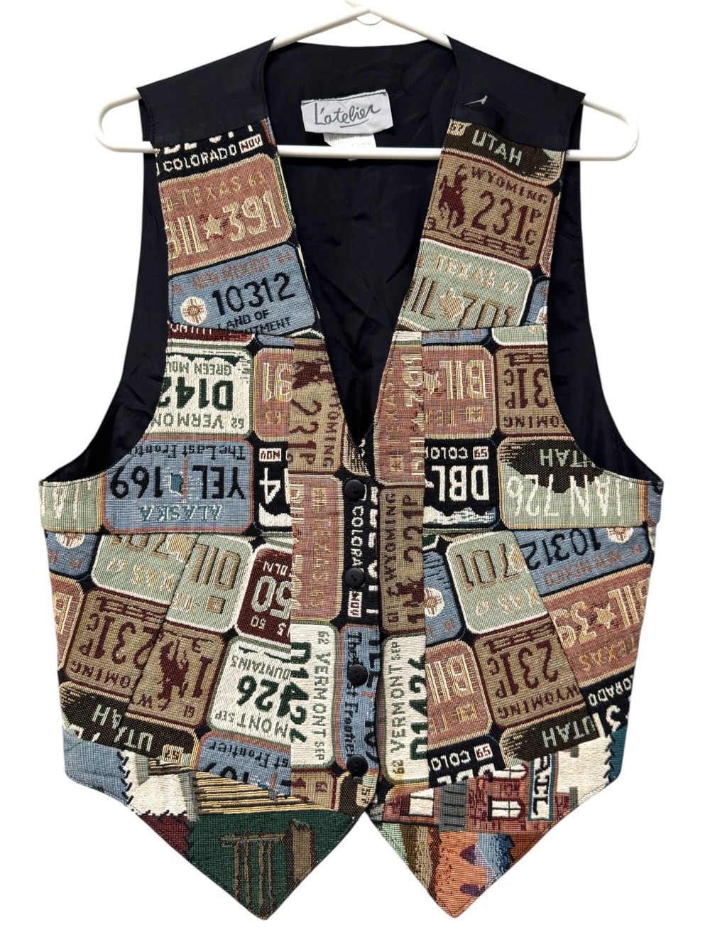 Vintage Tapestry Patchwork License Plate Vest in Multicolor